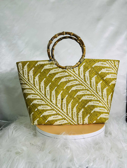 Medium Handwoven Banig Handbag with Round Bamboo Handle