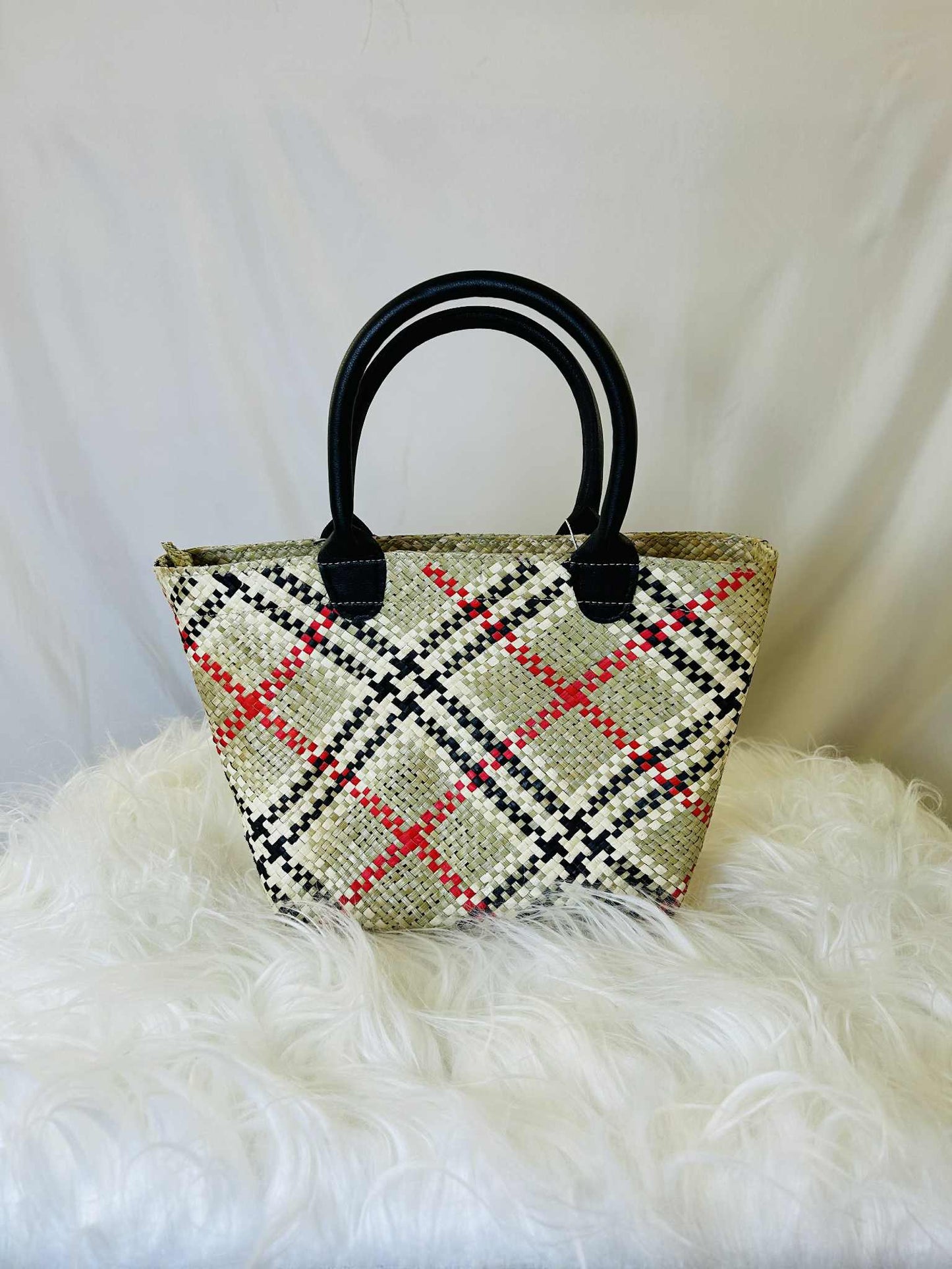 Small Handwoven Banig Tote Bag with Leather Handle