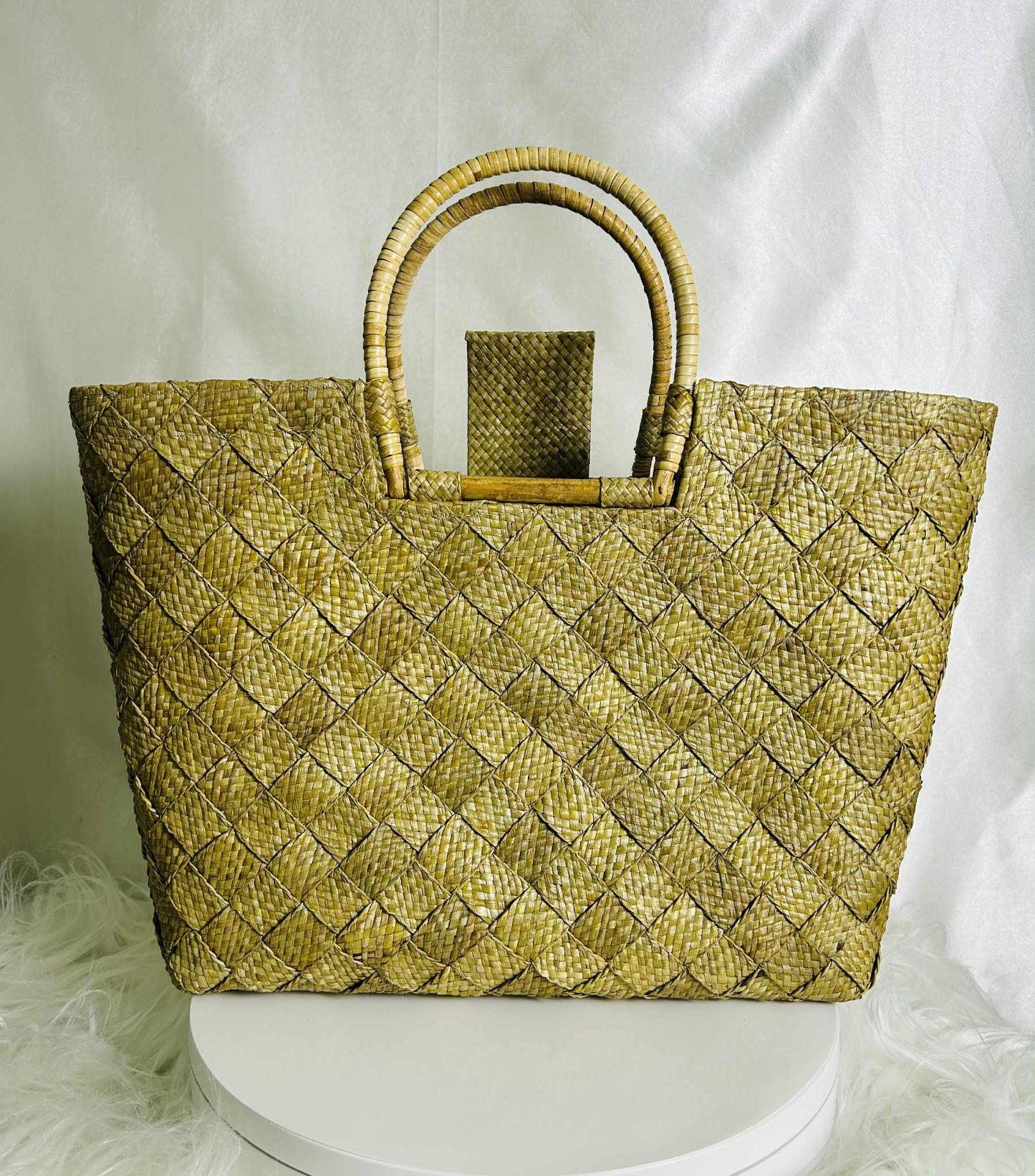 Medium Handwoven Banig Handbag with Rattan Handle