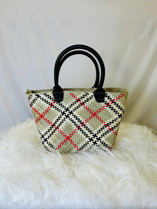 Small Handwoven Banig Tote Bag with Leather Handle